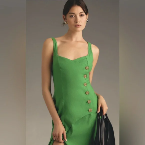 ✨ Anthropologie Sleeveless Square-Neck Linen Button Wrap Midi Dress Sz L - Picture 3 of 8